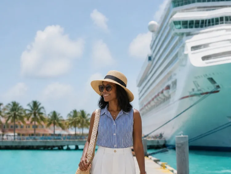 Woman in white shorts and striped top walking on a dock near a cruise ship.