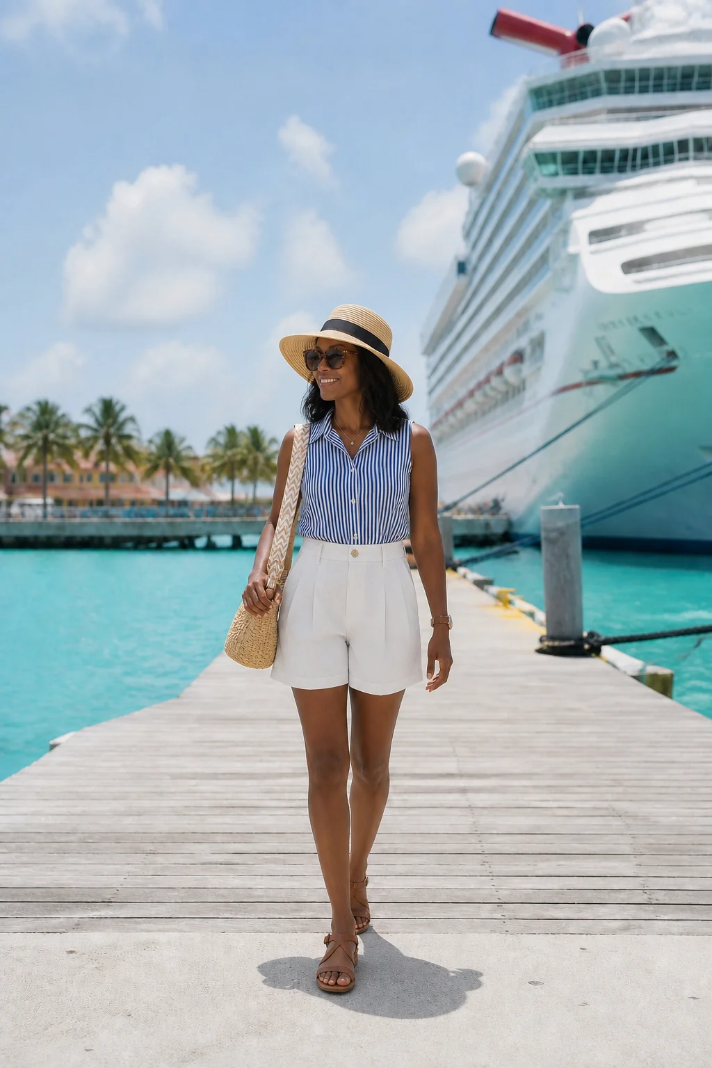 Woman in white shorts and striped top walking on a dock near a cruise ship.