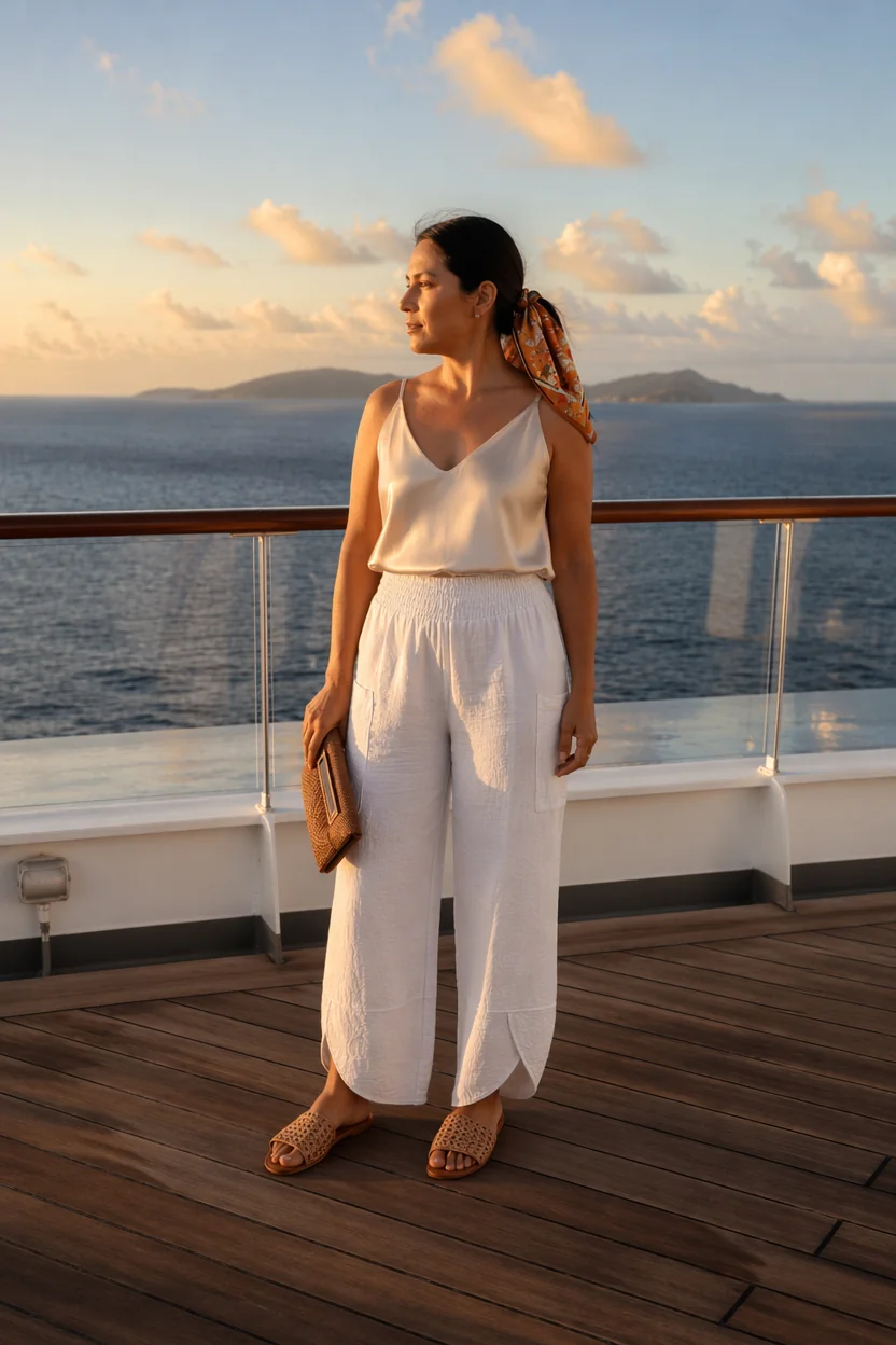 Woman in white flowing culottes and silk camisole standing on cruise ship deck at sunset.