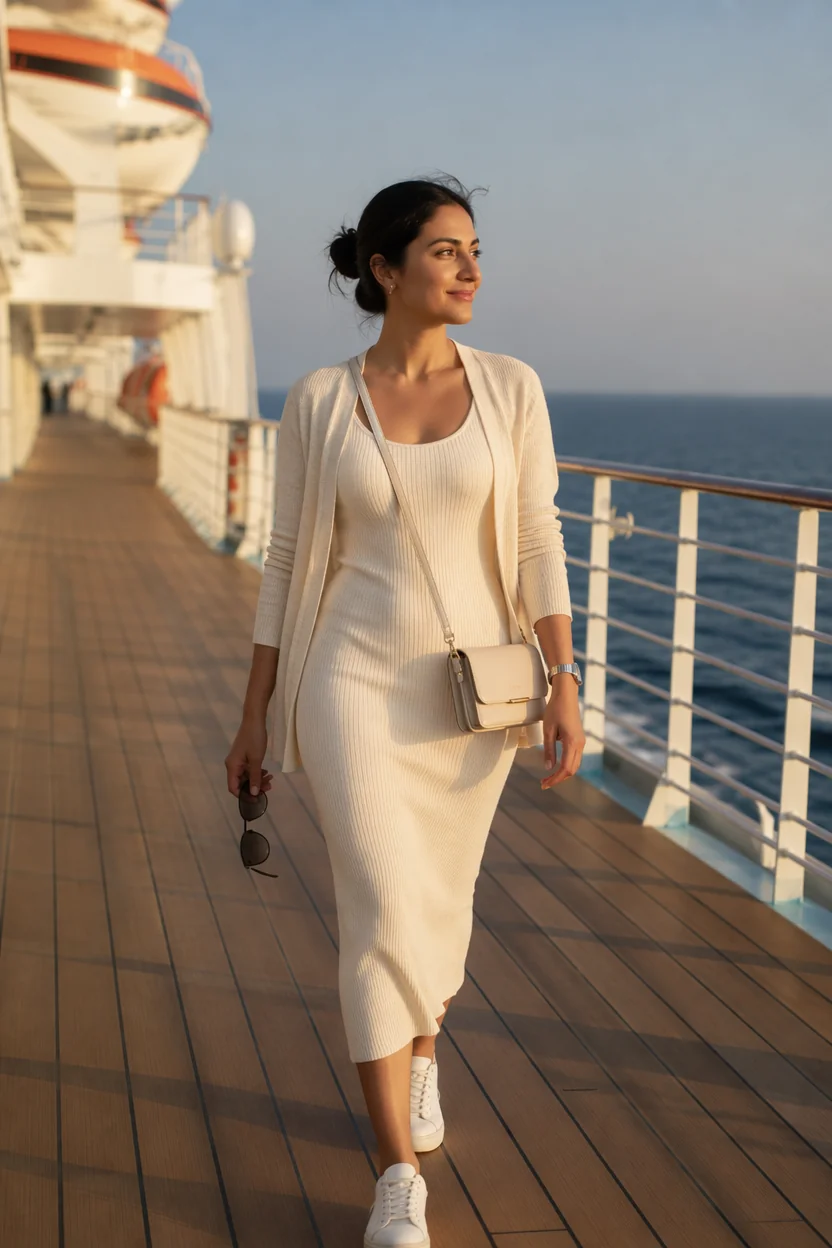 Woman walking on cruise ship deck wearing cream knit dress and cardigan with white sneakers.