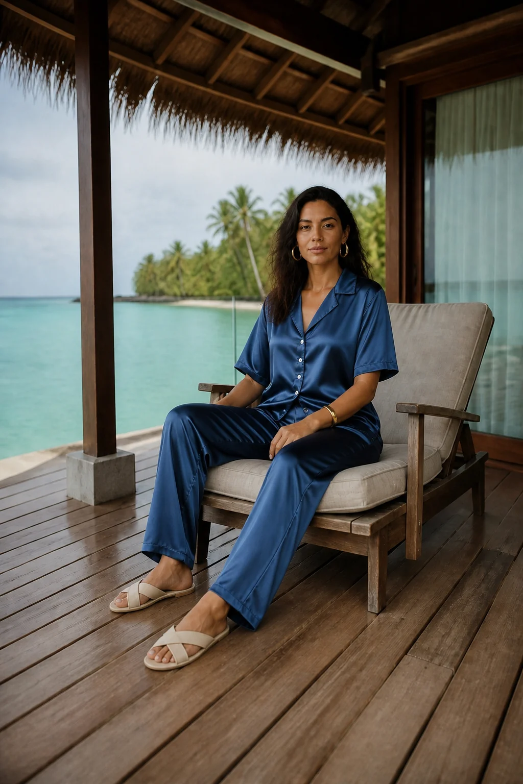 A woman in blue satin pajamas sits on a wooden chair on a deck overlooking turquoise water and palm trees.