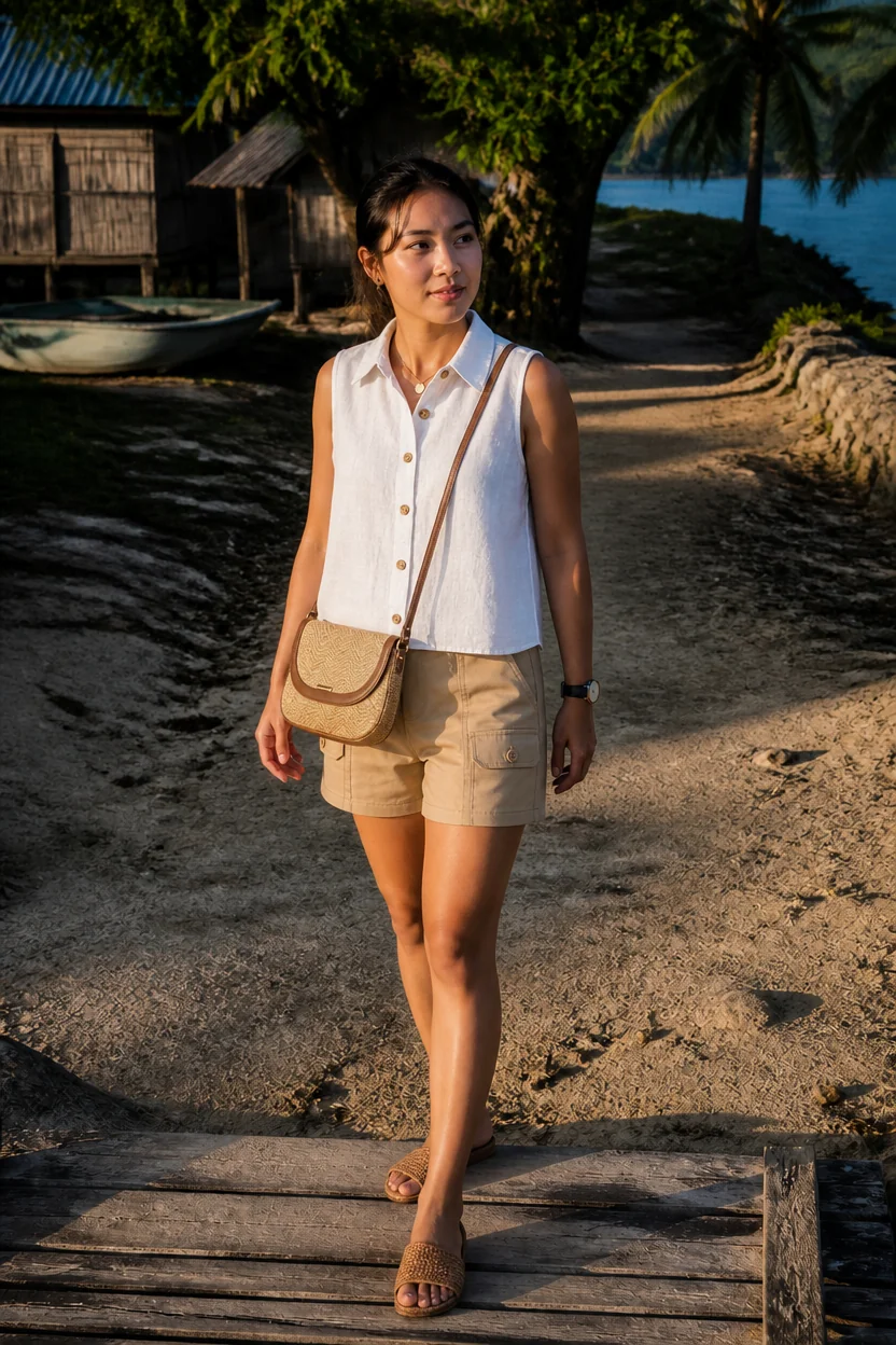 Woman in white sleeveless shirt and khaki shorts walking on wooden path near ocean with palm trees in background.