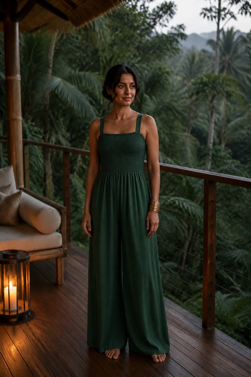 A woman in a dark green jumpsuit stands barefoot on a wooden deck overlooking a rainforest, with a lit lantern beside her.