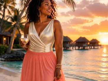 A woman in a gold top and coral skirt stands on a beach at sunset holding a glass of wine.