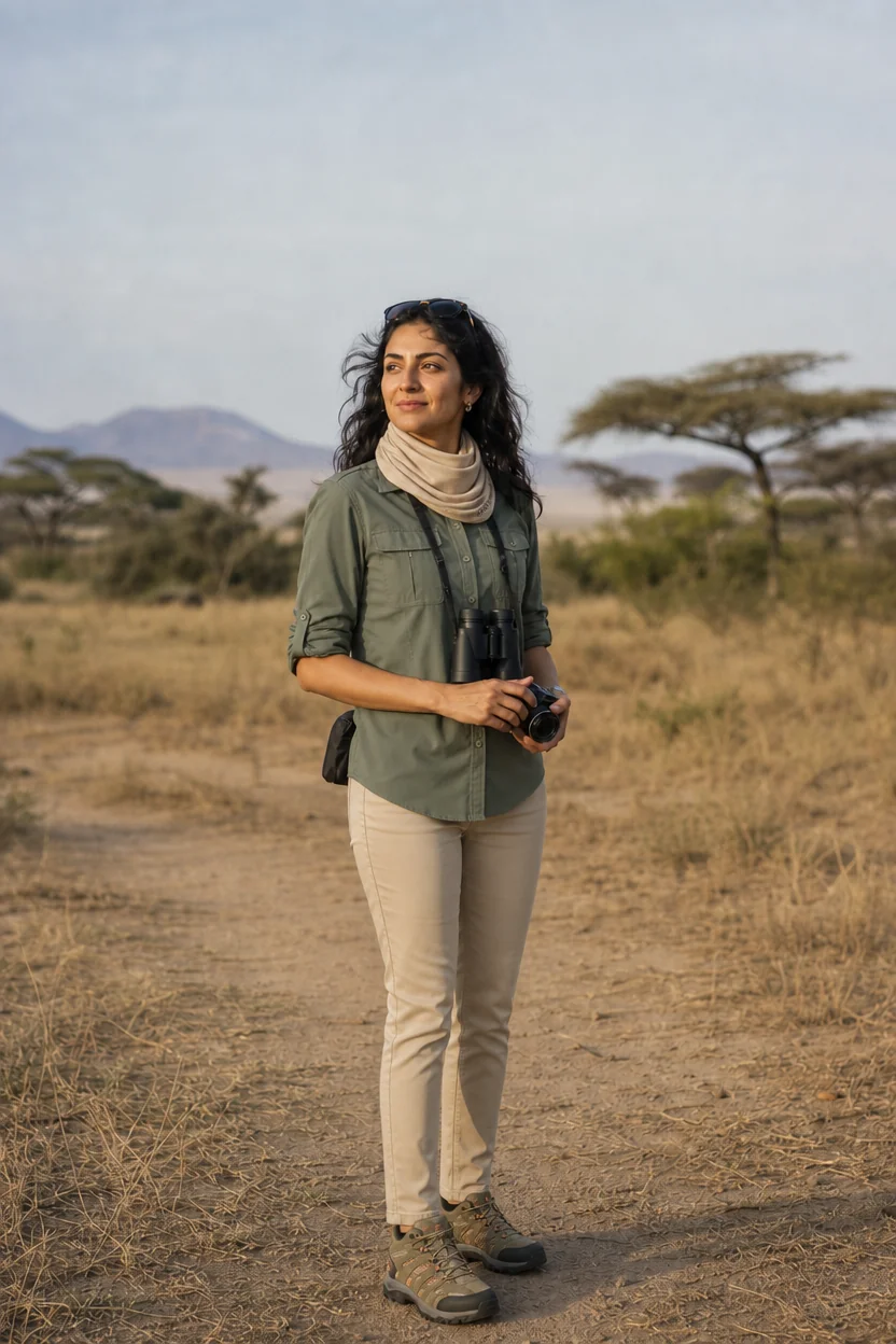 Woman standing on a dirt path in a savanna, holding binoculars and a camera, wearing a green shirt, beige pants, and hiking b
