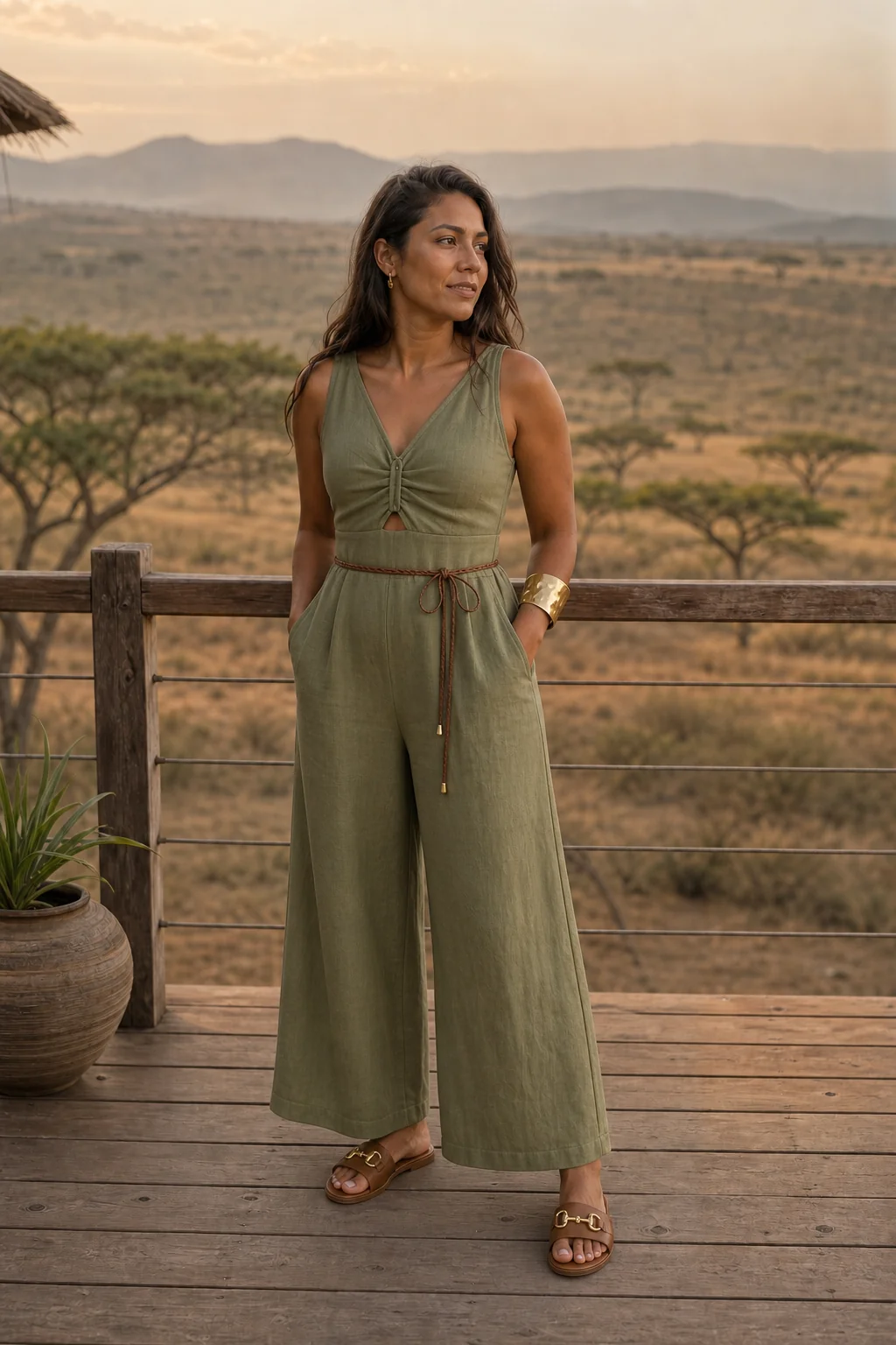Woman in olive jumpsuit standing on wooden deck overlooking African savanna at sunset.