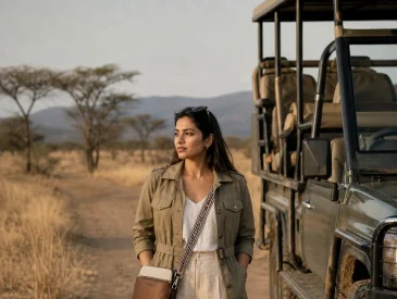 Woman in khaki safari jacket and white shorts standing near safari vehicle in African savanna.