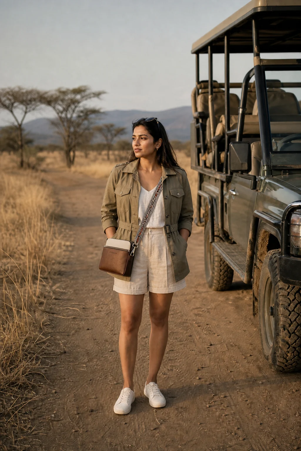 Woman in khaki safari jacket and white shorts standing near safari vehicle in African savanna.