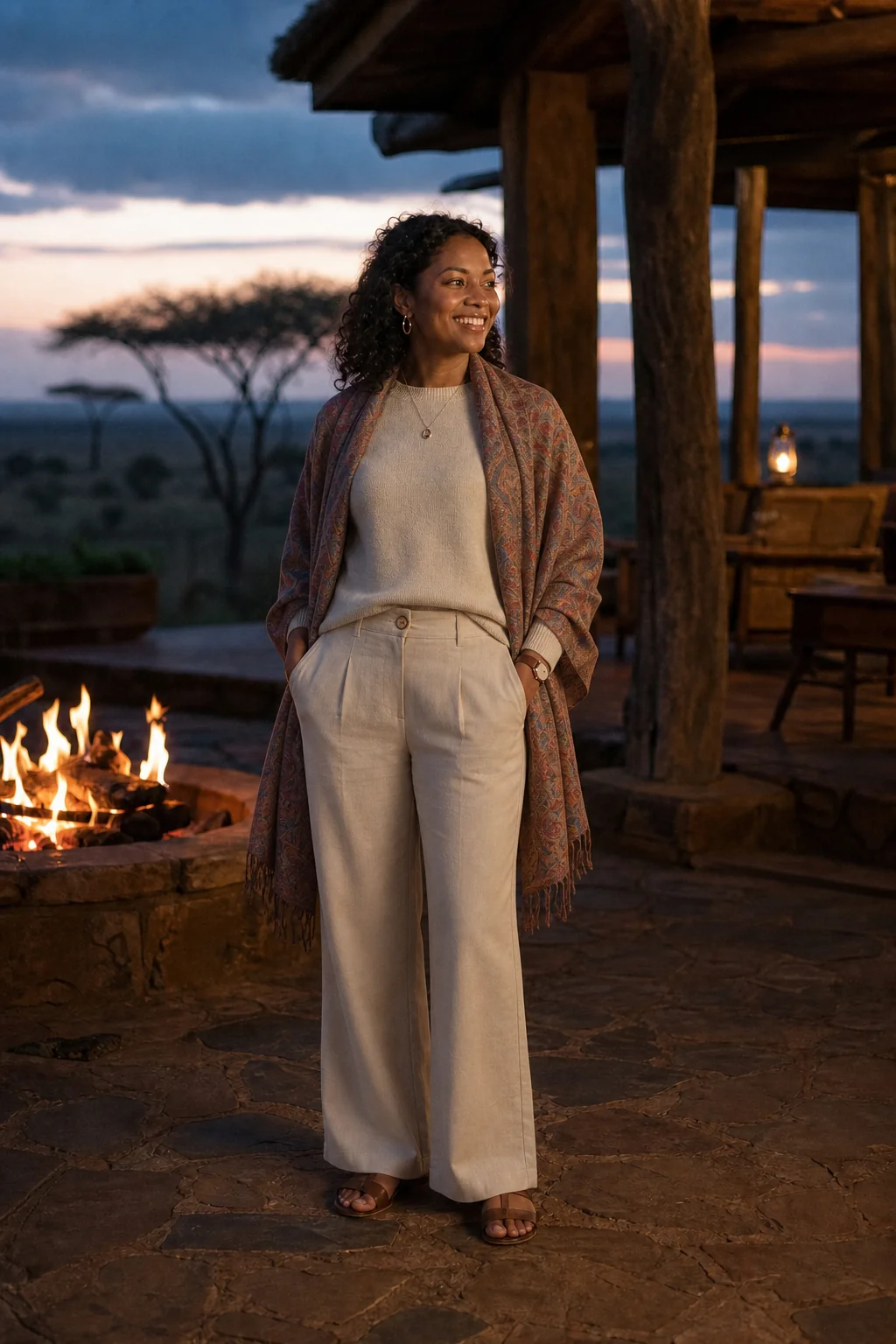 A woman smiles by a stone fire pit at dusk, wearing cream linen pants, a knit top, and a patterned shawl.