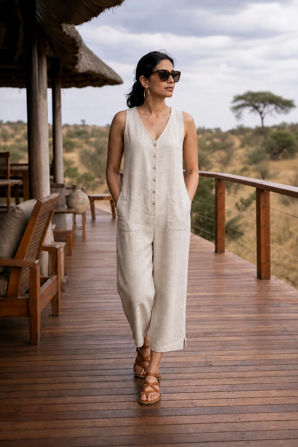 A woman in a beige linen jumpsuit stands on a wooden deck overlooking a savanna landscape.