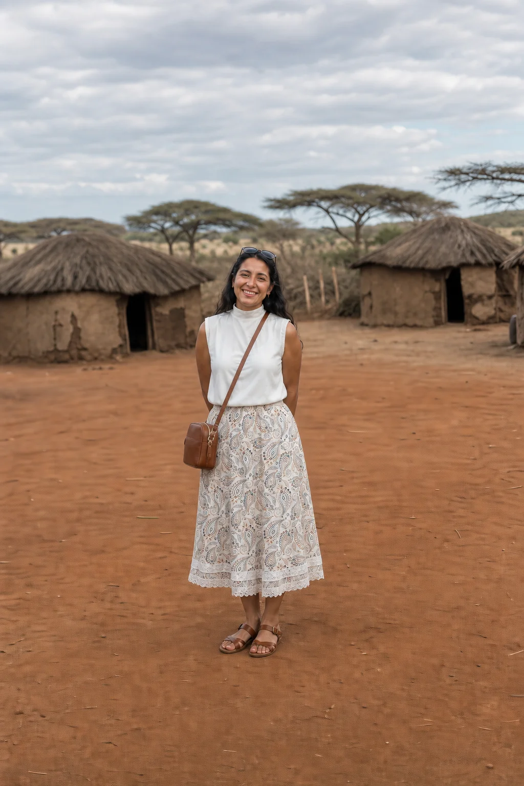 A woman smiles in a patterned skirt and white top standing in front of Maasai huts in Kenya.