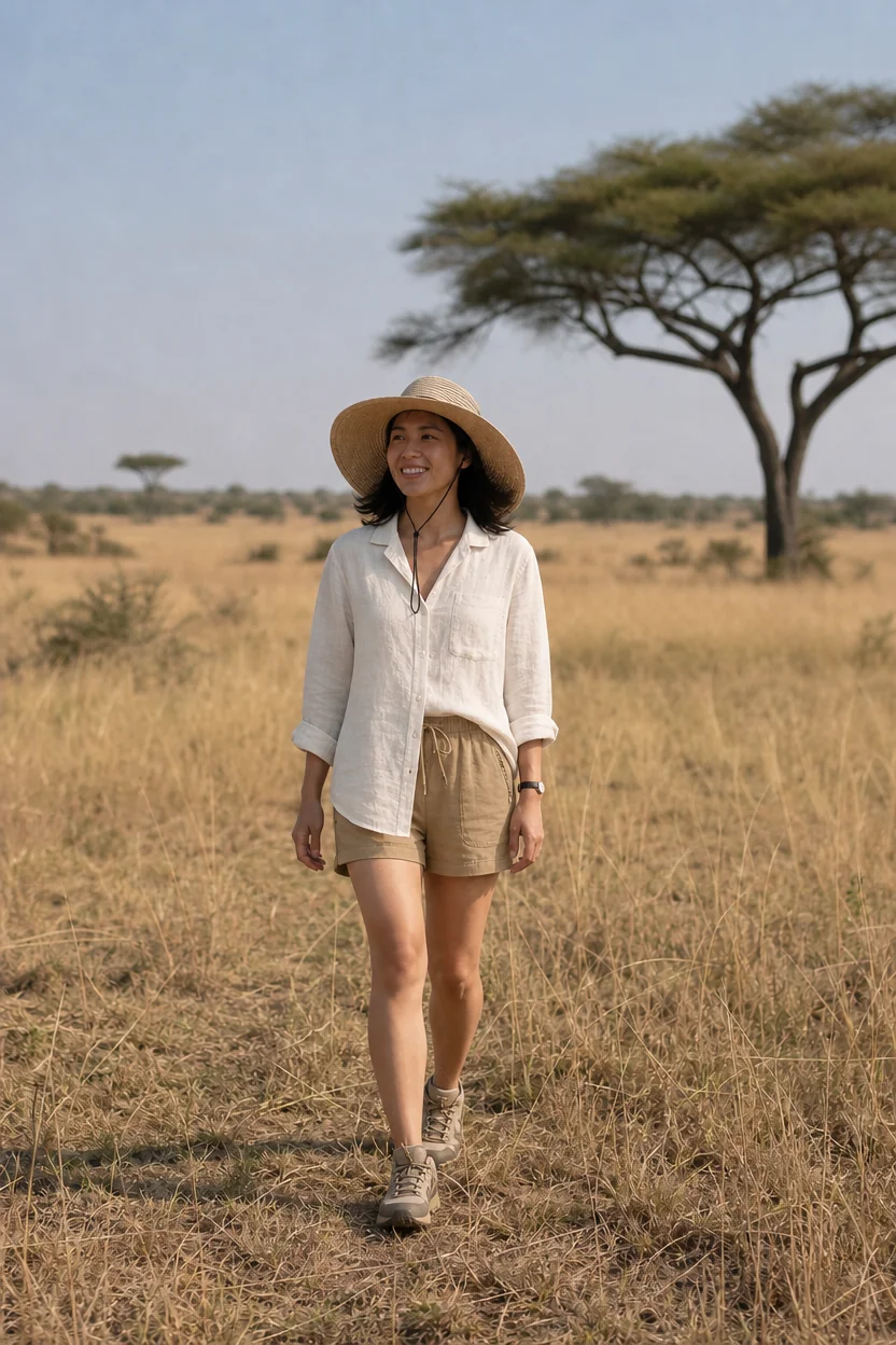 Woman walking in savanna wearing linen shirt, shorts, and straw hat.