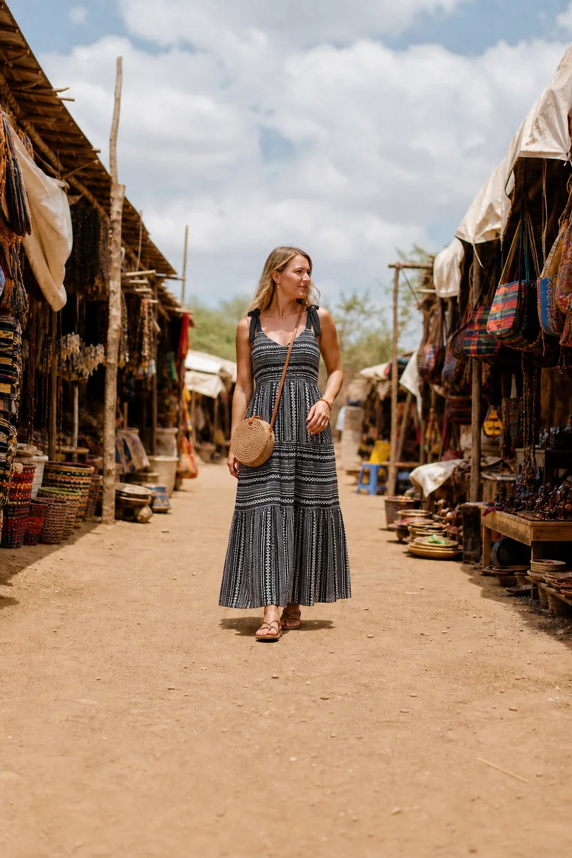 A woman walks through a sunny outdoor market in Kenya wearing a long patterned cotton dress and a woven bag.