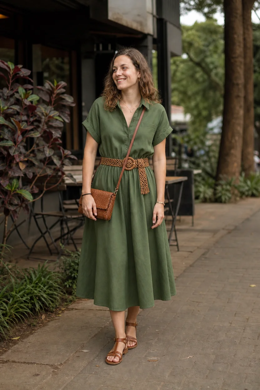 Woman in olive green dress with woven belt and brown sandals walking outdoors in Nairobi.
