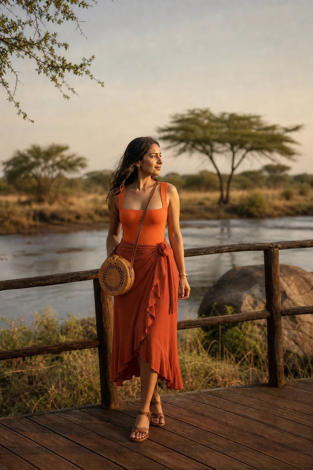 Woman in rust-colored dress standing on wooden deck by river at sunset, wearing woven bag and sandals.