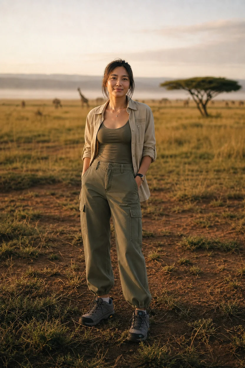 Woman in olive cargo pants and khaki shirt standing in African savanna with giraffes in background.