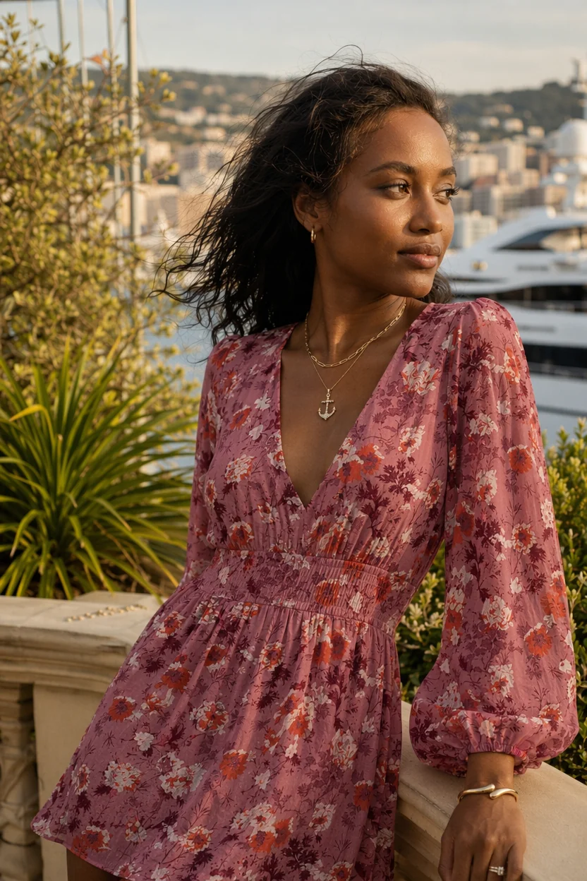 Woman in floral dress leaning on stone railing overlooking Monaco harbor with yachts in background.