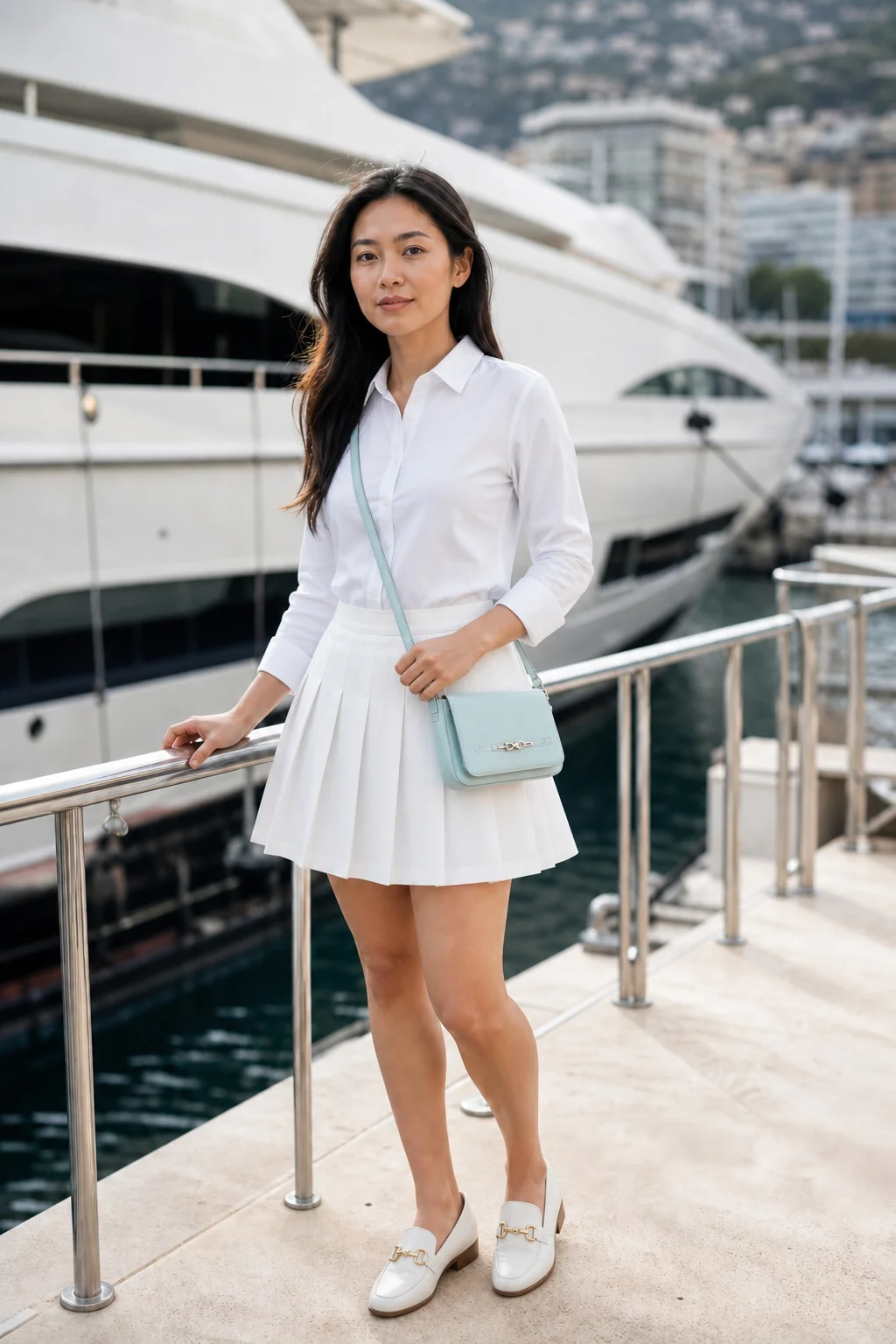 Woman in white shirt and pleated skirt standing by yacht dock railing.