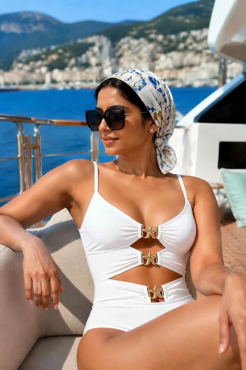 Woman in white swimsuit with gold star embellishments lounging on yacht deck with Monaco coastline in background.