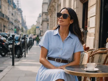 Woman in light blue shirt dress sitting at outdoor café table with coffee cup, Eiffel Tower in background