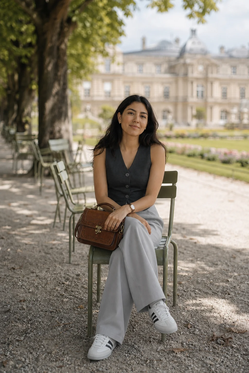Woman sitting on a chair in a park wearing a grey vest and light grey wide-leg pants with white sneakers.