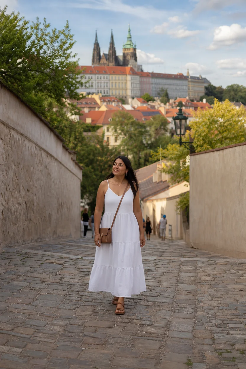 Woman in white tiered dress walking on cobblestone path toward Prague Castle