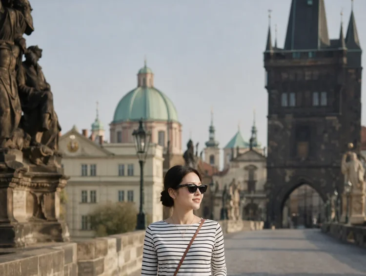 Woman walking on Charles Bridge in Prague wearing striped top and white shorts
