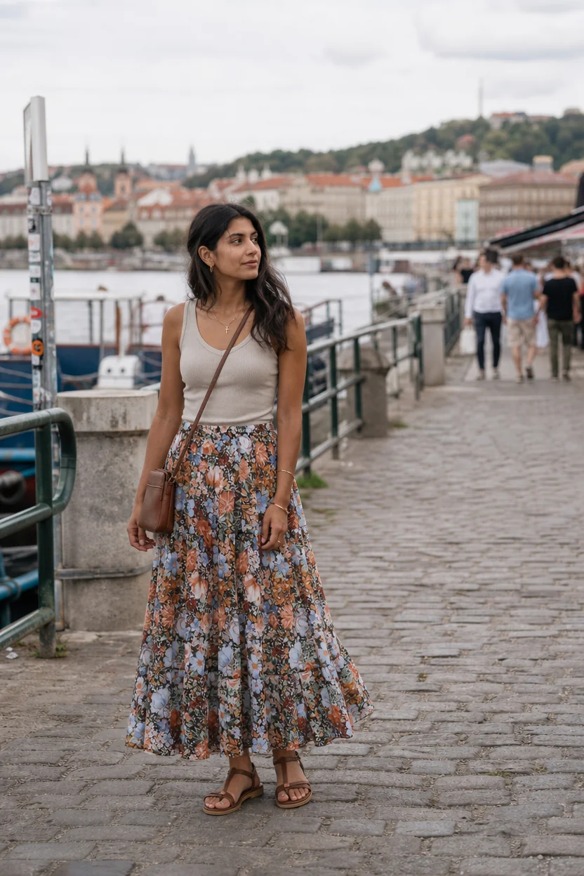 Woman in floral maxi skirt and tank top standing on cobblestone path near river with Prague skyline in background.