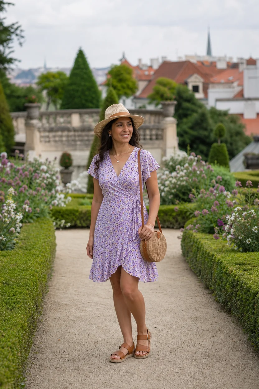 Woman in a purple floral dress and straw hat walking on a garden path with Prague rooftops in the background.