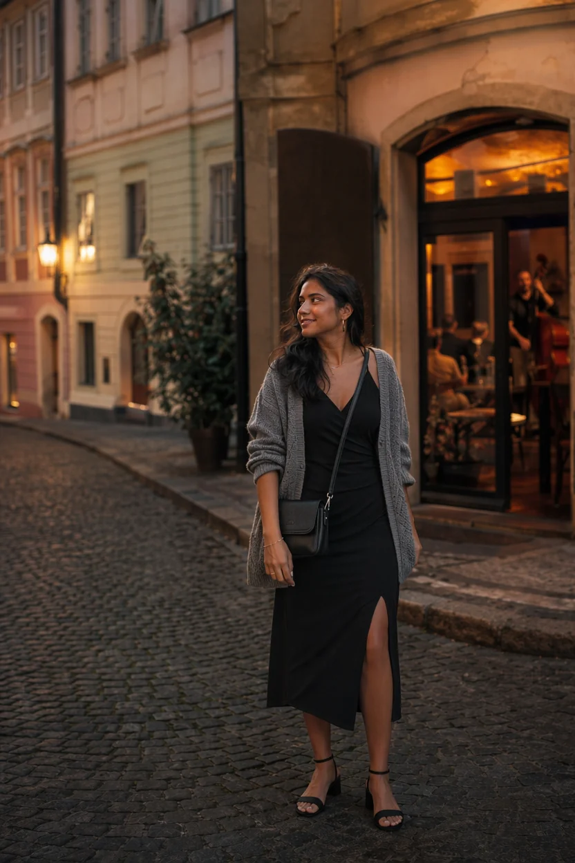 Woman in black dress and grey cardigan standing on cobblestone street near warmly lit jazz club entrance.