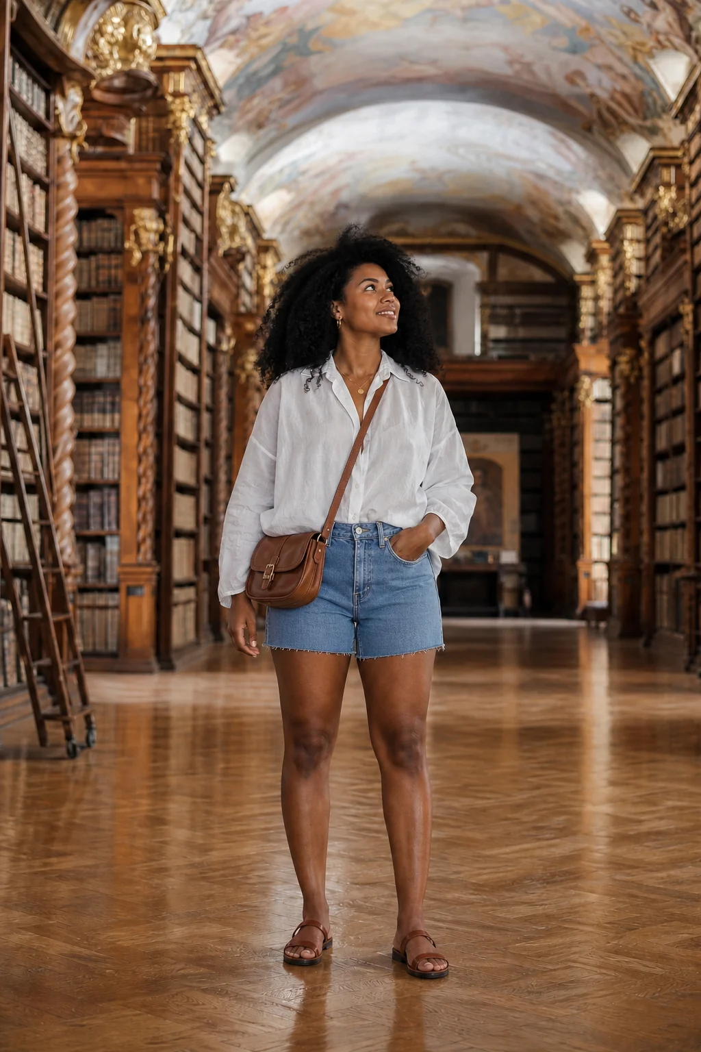 Woman in white shirt and denim shorts standing in ornate library with bookshelves.