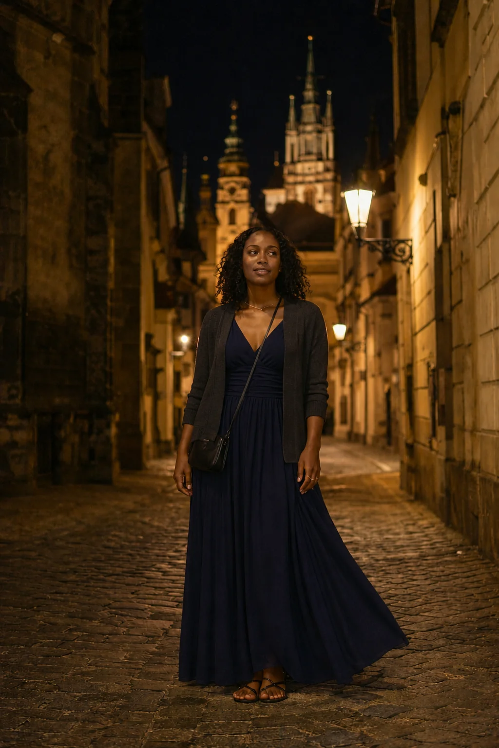 A woman stands in a narrow cobblestone alley at night, wearing a dark blue dress and cardigan, with Prague spires visible in