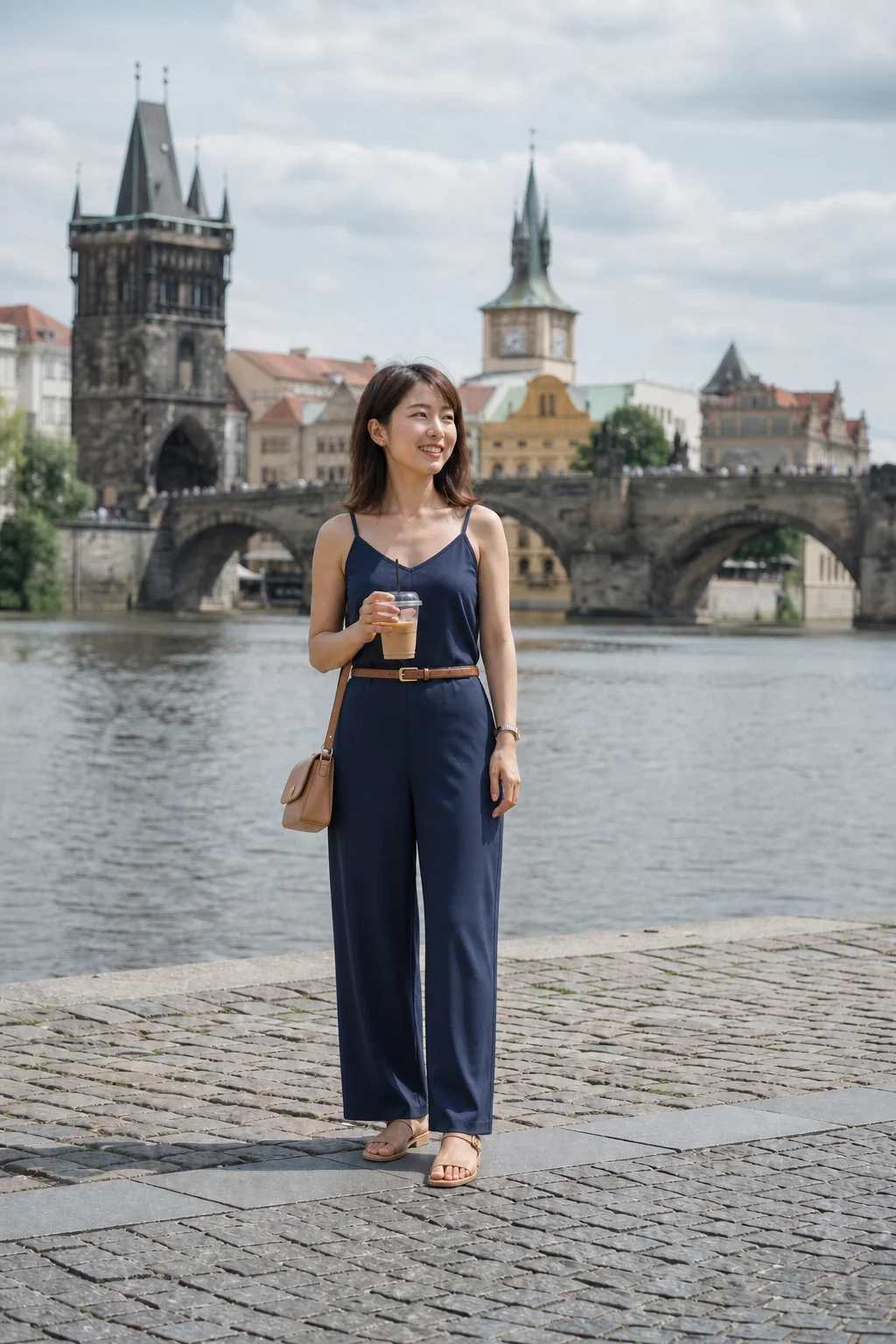 Woman in navy jumpsuit holding coffee on cobblestone path near Vltava River with Charles Bridge in background.