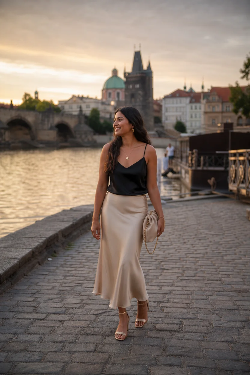 Woman walking on cobblestone path near river with Prague architecture in background wearing black top and beige silk midi ski