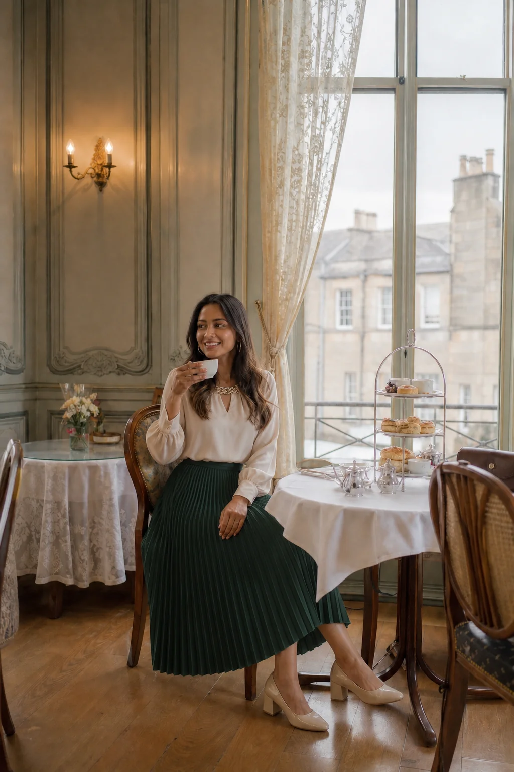A woman in a cream blouse and green pleated skirt enjoys afternoon tea at a window table in a classic Scottish cafe.