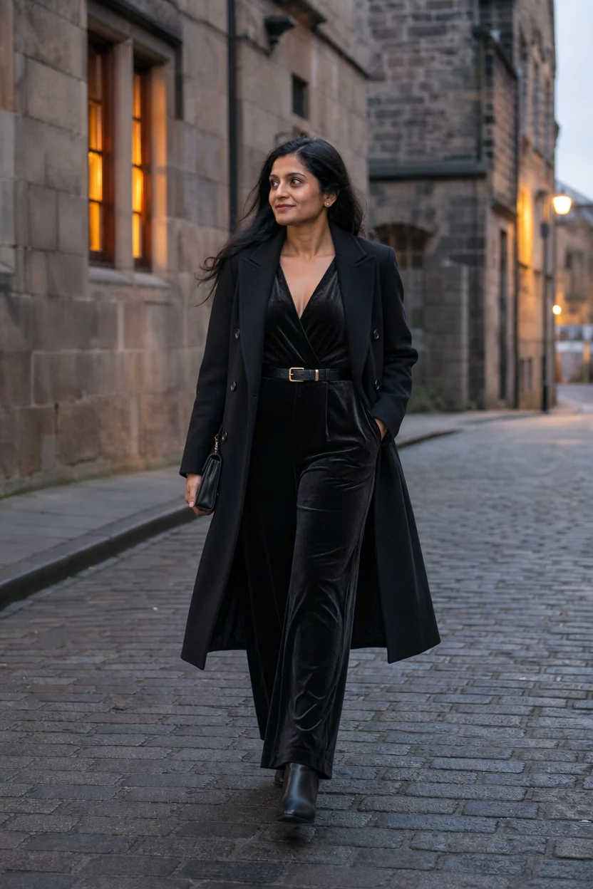 Woman walking on cobblestone street wearing black velvet jumpsuit and coat.