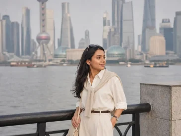 Woman in beige shirt and wide-leg pants standing by waterfront railing with Shanghai skyline in background.