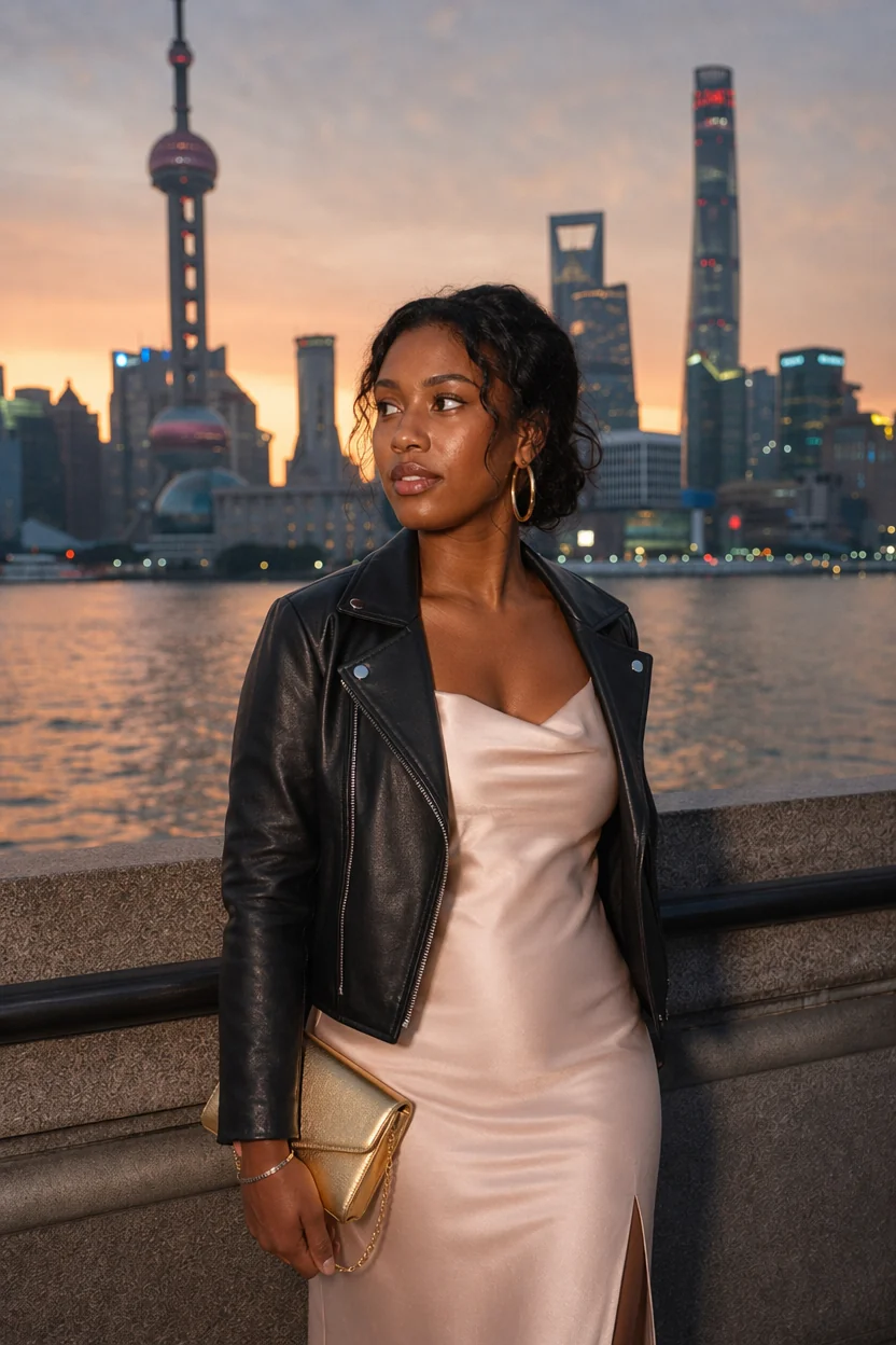 Woman in black leather jacket and light pink slip dress standing by waterfront with Shanghai skyline at sunset.
