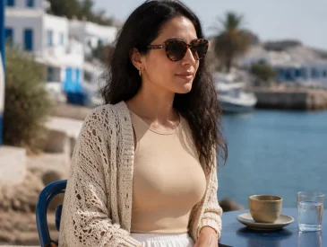 Woman in beige top, white midi skirt, and crochet cardigan sitting at a seaside cafe table.