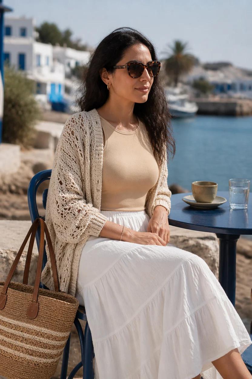 Woman in beige top, white midi skirt, and crochet cardigan sitting at a seaside cafe table.