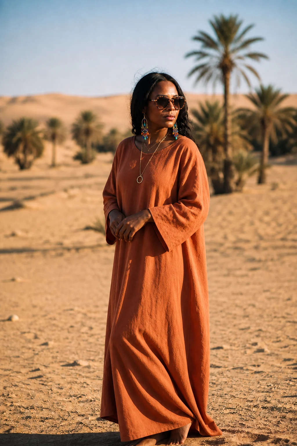 Woman in flowing orange dress standing in desert with palm trees in background.