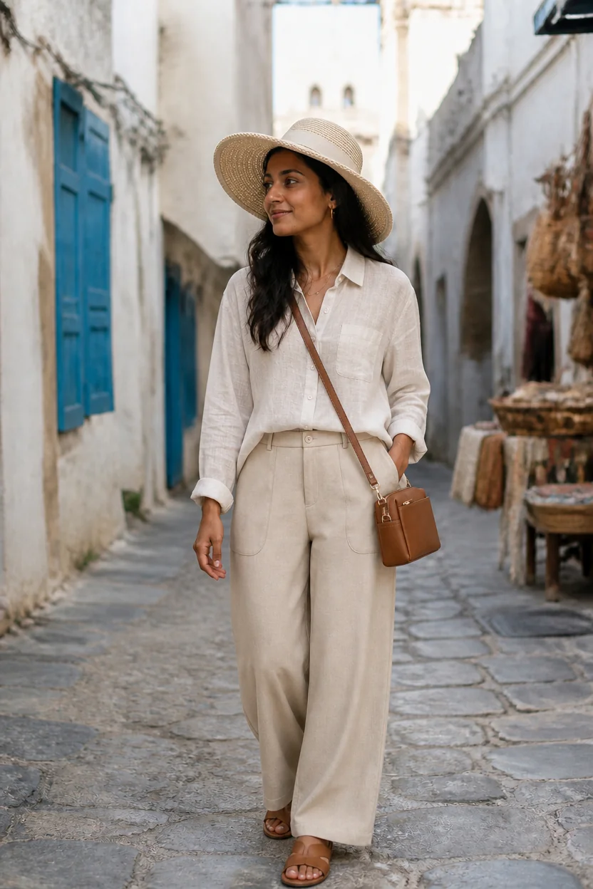 Woman in beige linen pants and matching shirt, wearing a straw hat, walking down a stone alley with blue shutters.