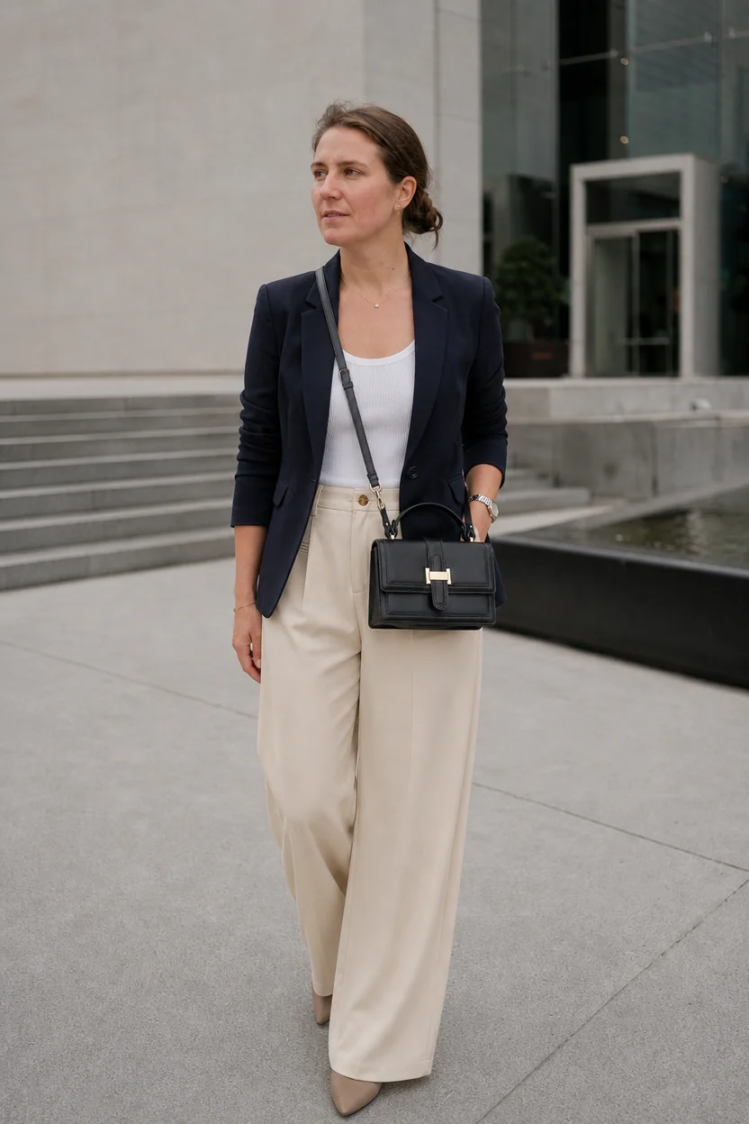 Woman wearing navy blazer and cream trousers walking outside a modern building.