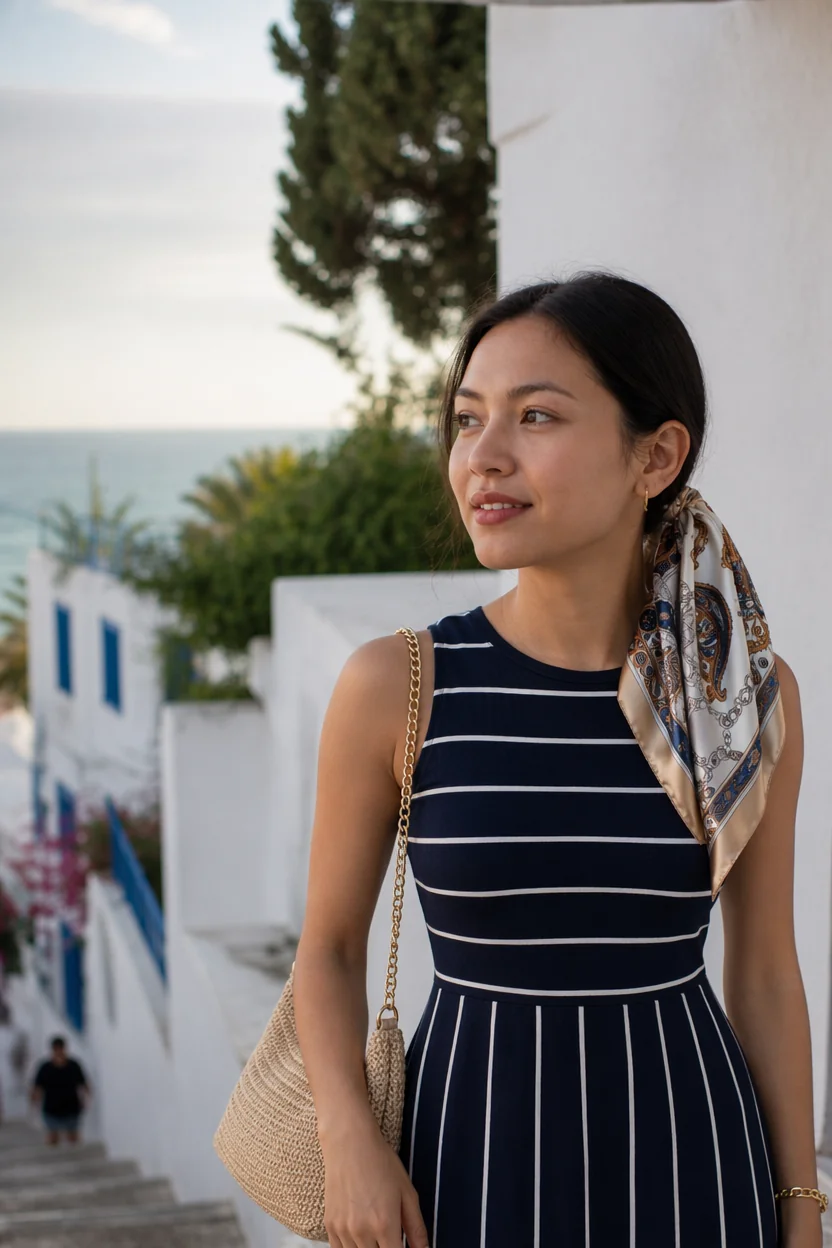 Woman in navy and white striped dress standing on a white-walled street with blue doors and ocean view.