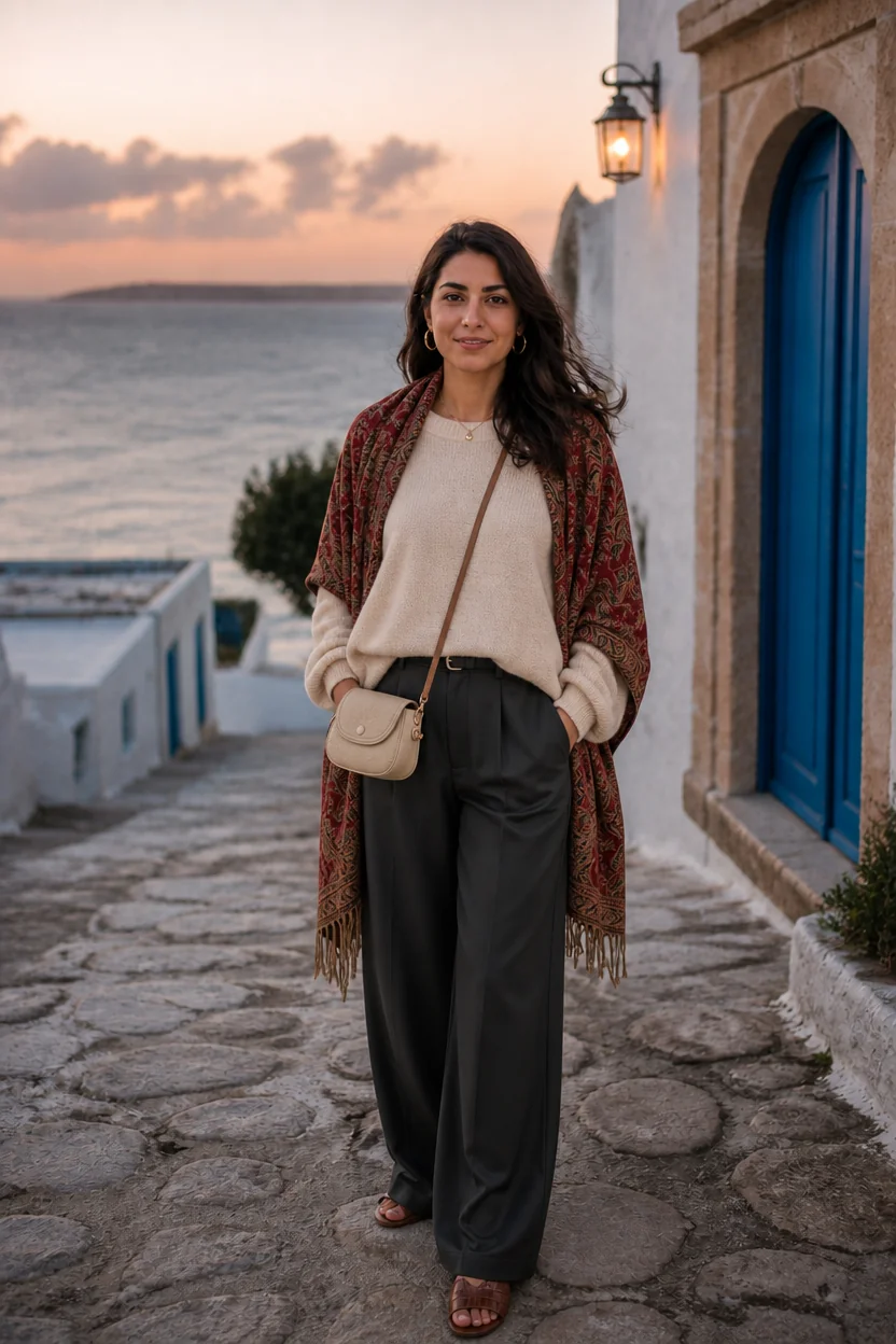 Woman wearing a cozy wrap over a sweater and wide-leg pants, standing on a stone path near a blue door with the sea in the ba