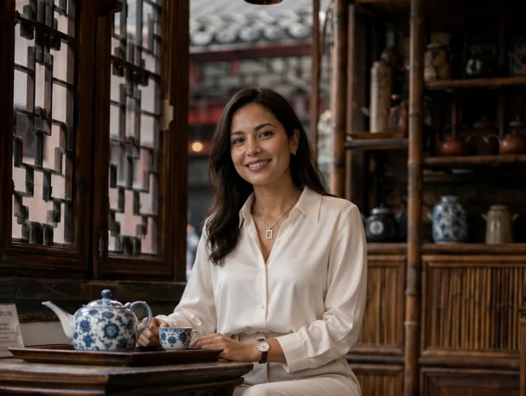 A woman in a beige silk blouse and matching trousers sits at a wooden table with a blue and white porcelain teapot and cup in