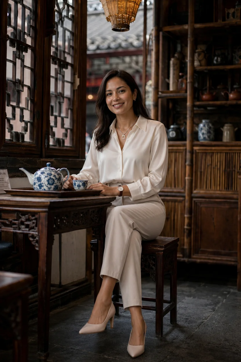 A woman in a beige silk blouse and matching trousers sits at a wooden table with a blue and white porcelain teapot and cup in
