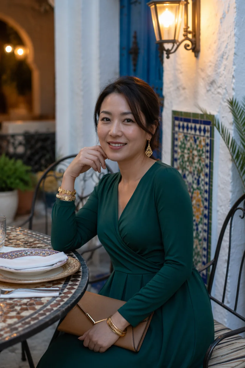 Woman in emerald green dress with gold jewelry seated at mosaic table in Tunisian restaurant.
