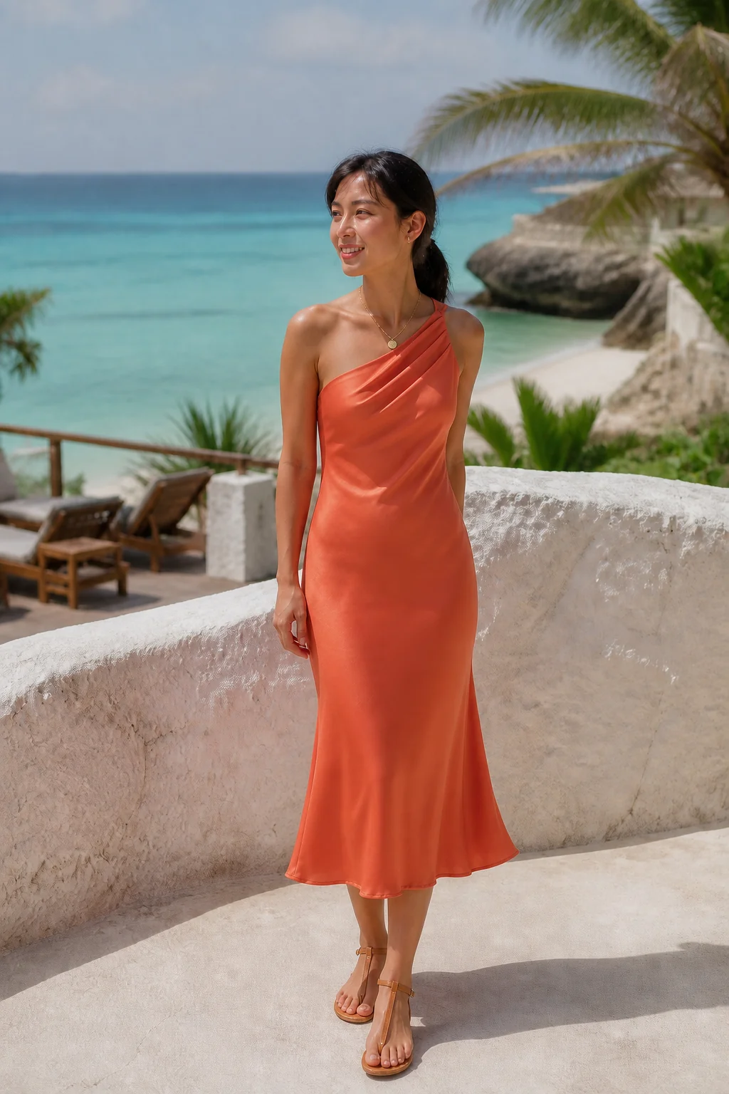 Woman in orange slip dress standing by ocean view with palm trees and lounge chairs.