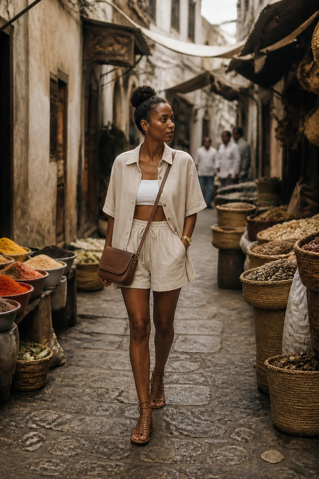 Woman in beige cotton shirt and shorts walking through a spice market alleyway.